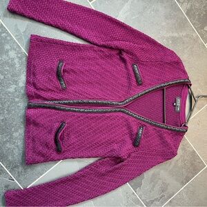 Plum Textured Cardigan with Black Faux Leather Trim